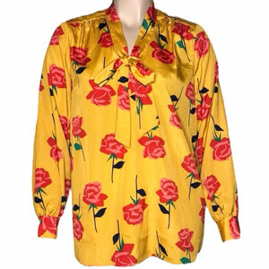 Isaac Mizrahi Live Womens 1X Floral Rose Print Blouse Tie Neck Long Sleeve Top